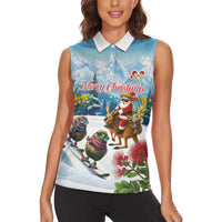 New Zealand and Australia Merry Christmas Women Sleeveless Polo Shirt Kiwi Birds Skiing and Koala Santa Riding Kangaroo LT03 - Polynesian Pride