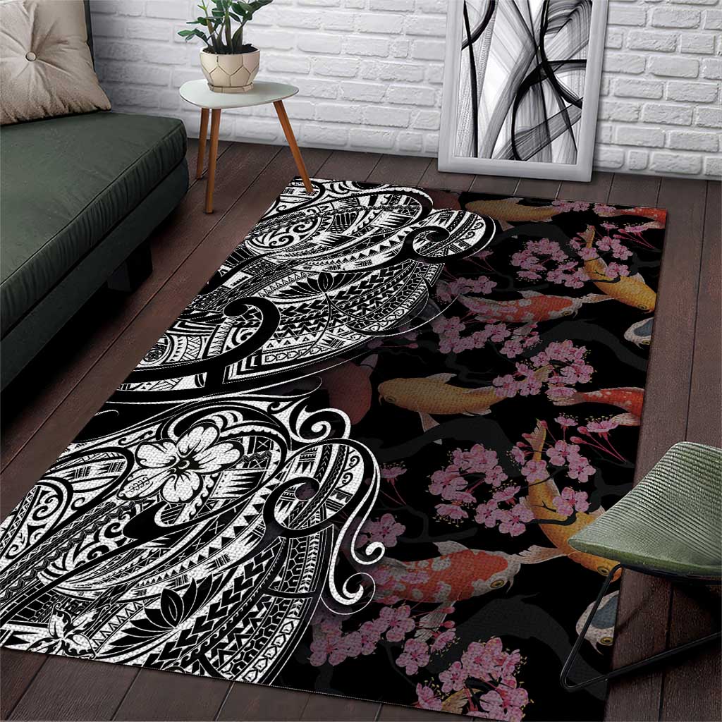 Hawaiian and Japanese Together Area Rug Polynesian Triball Tattoo Koi Carps and Sakura LT03 Black - Polynesian Pride