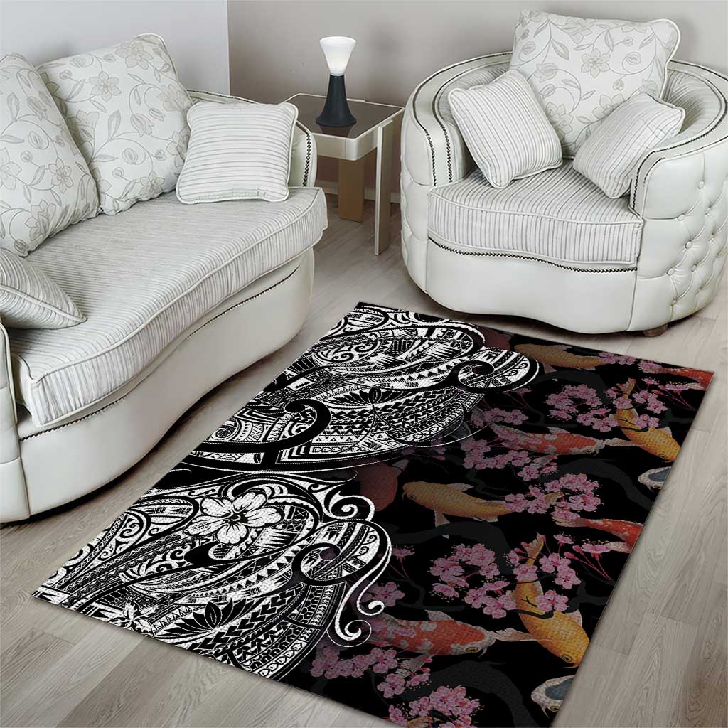 Hawaiian and Japanese Together Area Rug Polynesian Triball Tattoo Koi Carps and Sakura LT03 - Polynesian Pride