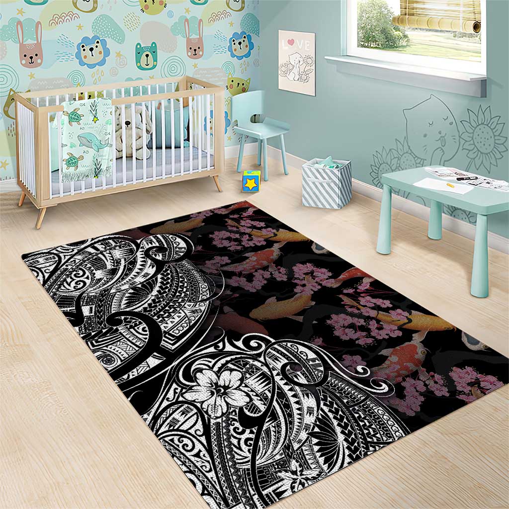 Hawaiian and Japanese Together Area Rug Polynesian Triball Tattoo Koi Carps and Sakura LT03 - Polynesian Pride