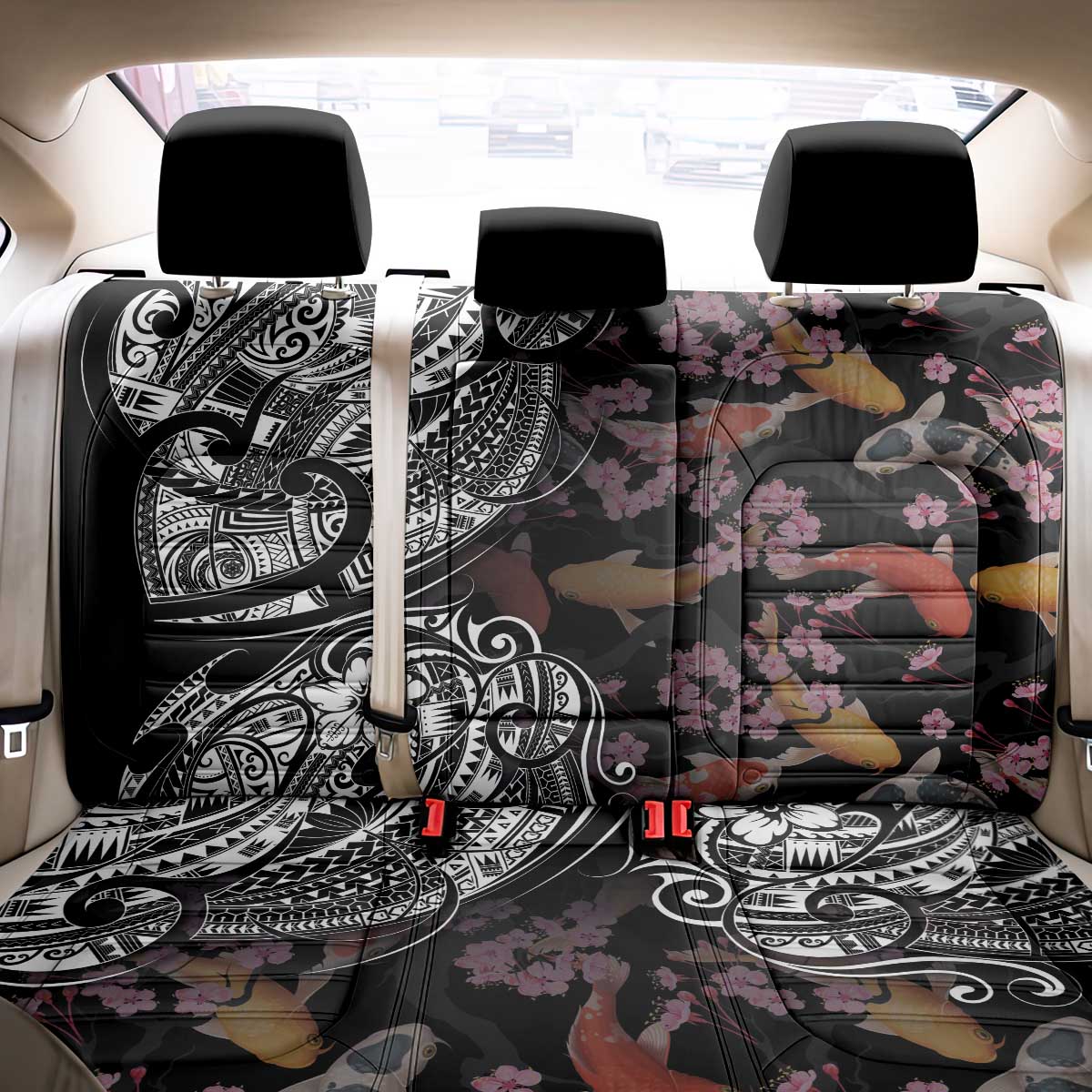 Hawaiian and Japanese Together Back Car Seat Cover Polynesian Triball Tattoo Koi Carps and Sakura LT03 - Polynesian Pride