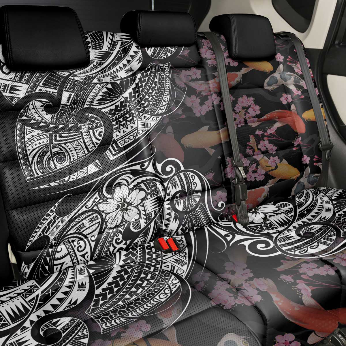 Hawaiian and Japanese Together Back Car Seat Cover Polynesian Triball Tattoo Koi Carps and Sakura LT03 - Polynesian Pride