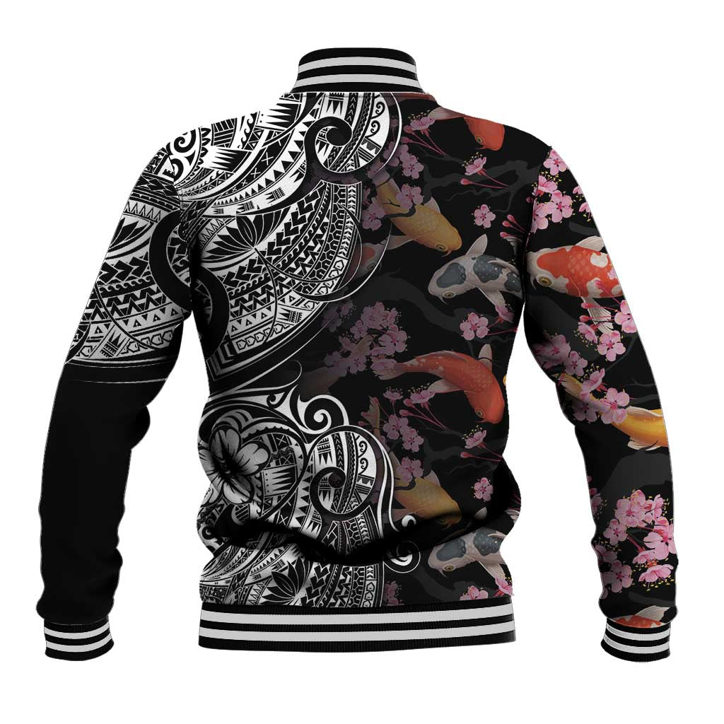 Hawaiian and Japanese Together Baseball Jacket Polynesian Triball Tattoo Koi Carps and Sakura