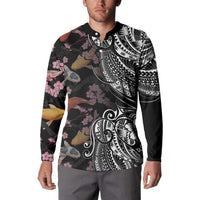 Hawaiian and Japanese Together Button Sweatshirt Polynesian Triball Tattoo Koi Carps and Sakura