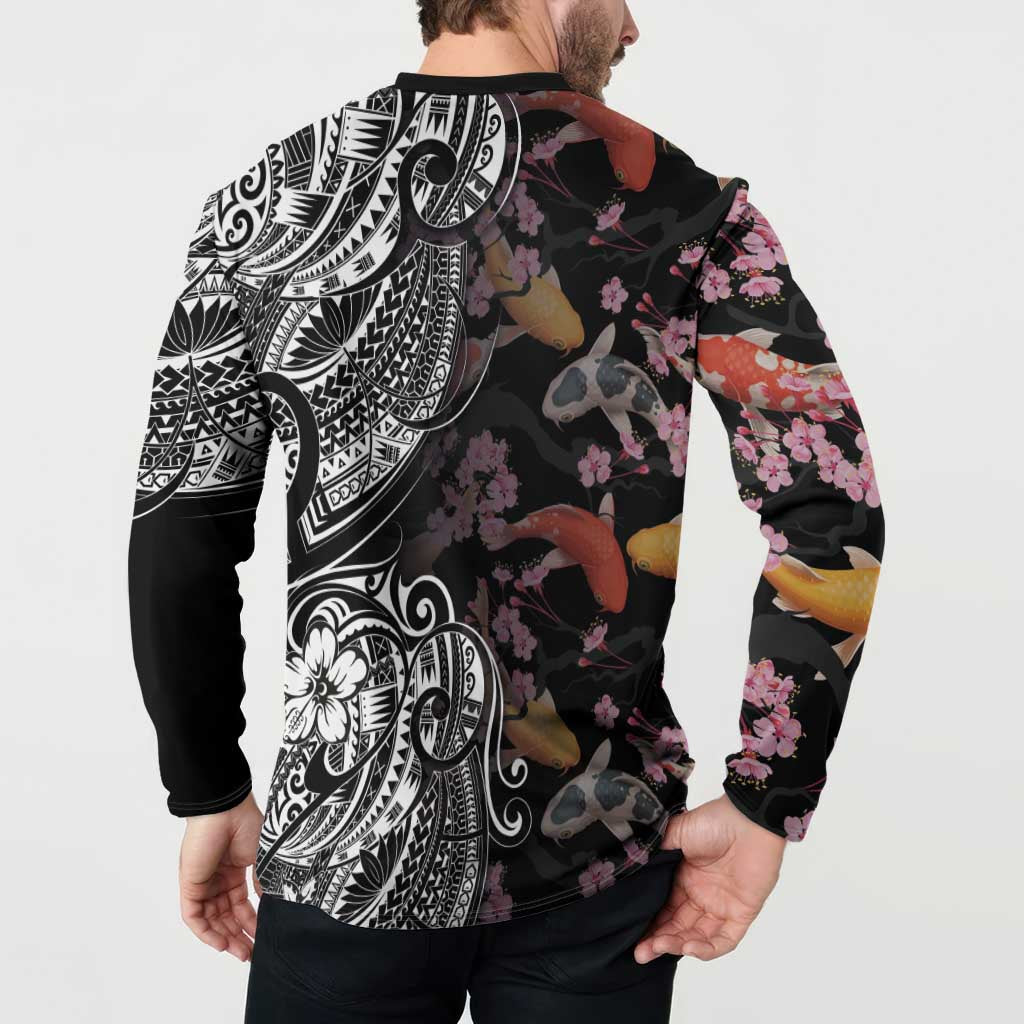 Hawaiian and Japanese Together Button Sweatshirt Polynesian Triball Tattoo Koi Carps and Sakura
