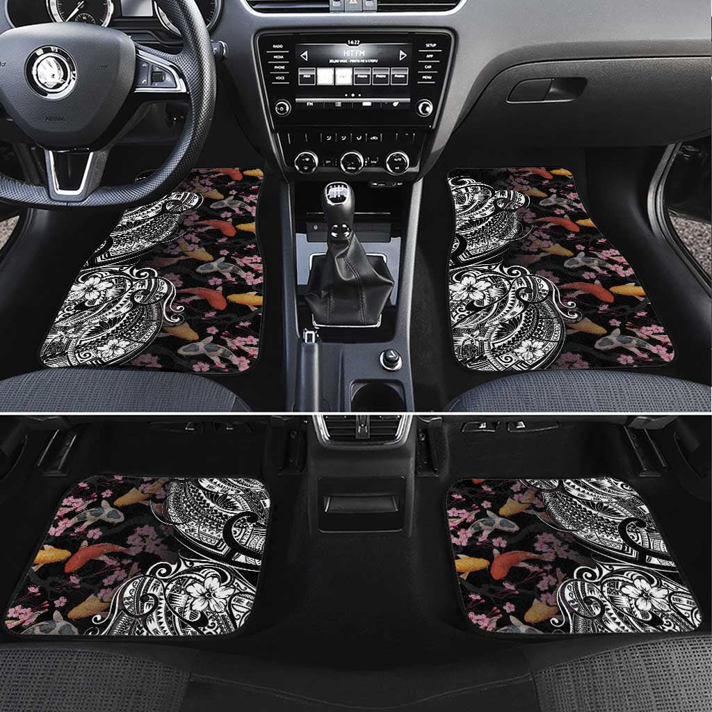 Hawaiian and Japanese Together Car Mats Polynesian Triball Tattoo Koi Carps and Sakura LT03 Set 4pcs Black - Polynesian Pride