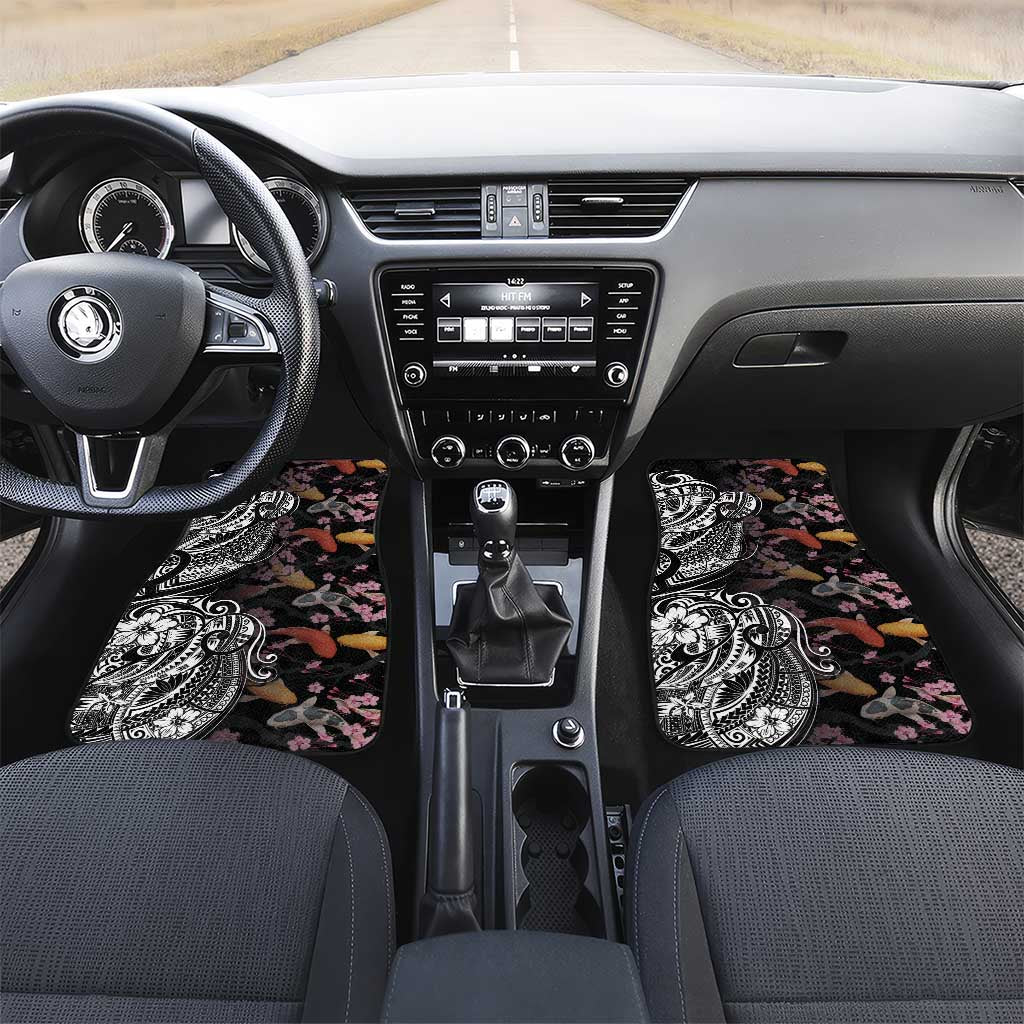 Hawaiian and Japanese Together Car Mats Polynesian Triball Tattoo Koi Carps and Sakura LT03 Set 2pcs - Front Black - Polynesian Pride
