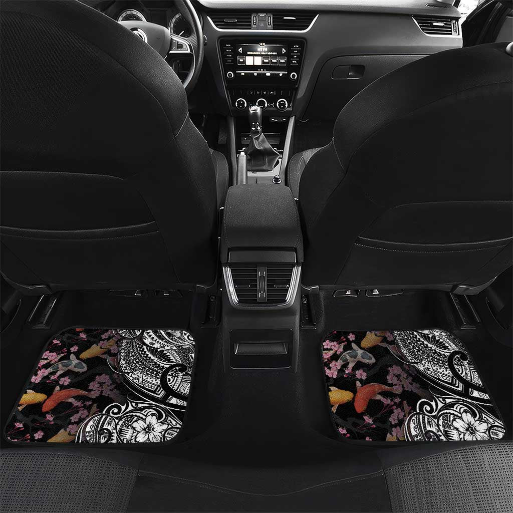 Hawaiian and Japanese Together Car Mats Polynesian Triball Tattoo Koi Carps and Sakura LT03 Set 2pcs - Back Black - Polynesian Pride