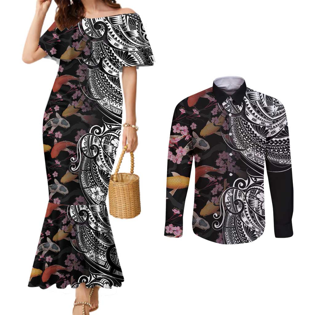 Hawaiian and Japanese Together Couples Matching Mermaid Dress and Long Sleeve Button Shirt Polynesian Triball Tattoo Koi Carps and Sakura