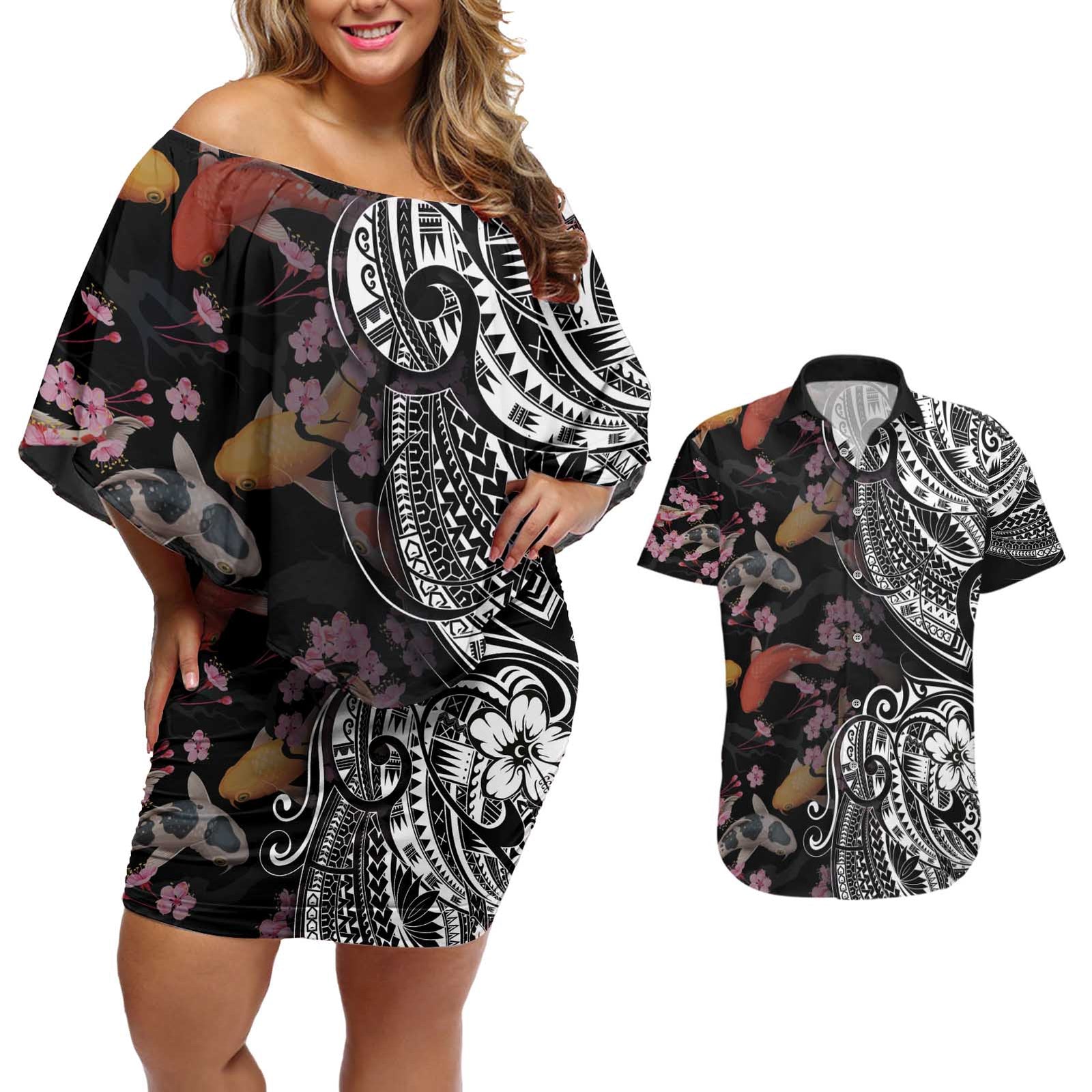 Hawaiian and Japanese Together Couples Matching Off Shoulder Short Dress and Hawaiian Shirt Polynesian Triball Tattoo Koi Carps and Sakura