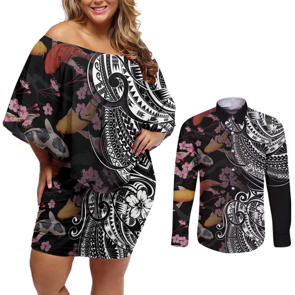 Hawaiian and Japanese Together Couples Matching Off Shoulder Short Dress and Long Sleeve Button Shirt Polynesian Triball Tattoo Koi Carps and Sakura