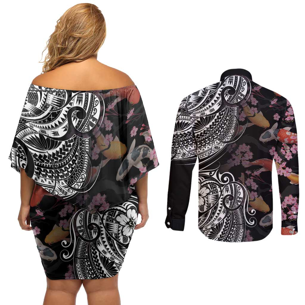 Hawaiian and Japanese Together Couples Matching Off Shoulder Short Dress and Long Sleeve Button Shirt Polynesian Triball Tattoo Koi Carps and Sakura