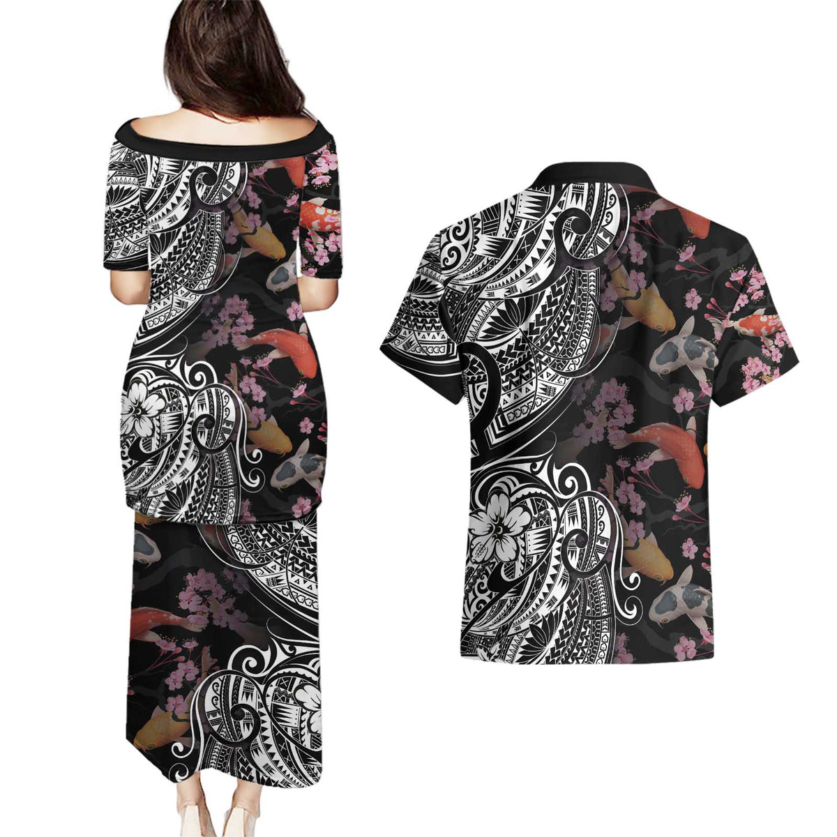 Hawaiian and Japanese Together Couples Matching Puletasi and Hawaiian Shirt Polynesian Triball Tattoo Koi Carps and Sakura LT03 - Polynesian Pride