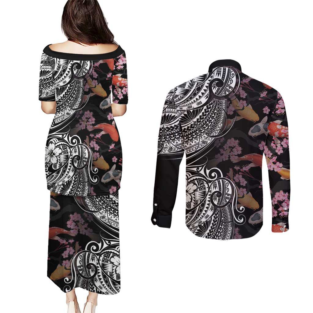 Hawaiian and Japanese Together Couples Matching Puletasi and Long Sleeve Button Shirt Polynesian Triball Tattoo Koi Carps and Sakura LT03 - Polynesian Pride