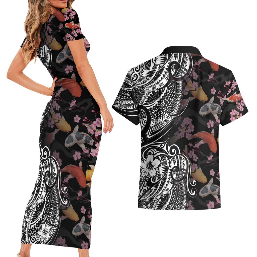 Hawaiian and Japanese Together Couples Matching Short Sleeve Bodycon Dress and Hawaiian Shirt Polynesian Triball Tattoo Koi Carps and Sakura LT03 - Polynesian Pride