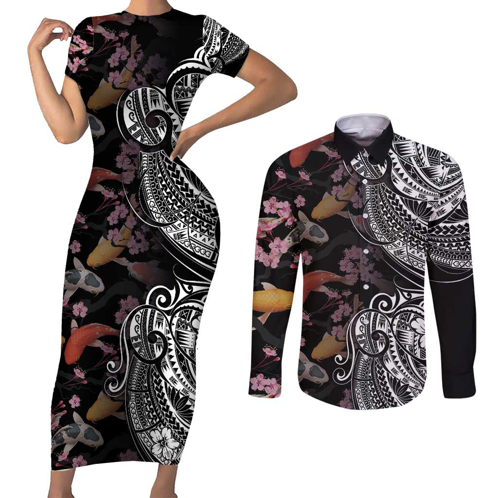 Hawaiian and Japanese Together Couples Matching Short Sleeve Bodycon Dress and Long Sleeve Button Shirt Polynesian Triball Tattoo Koi Carps and Sakura