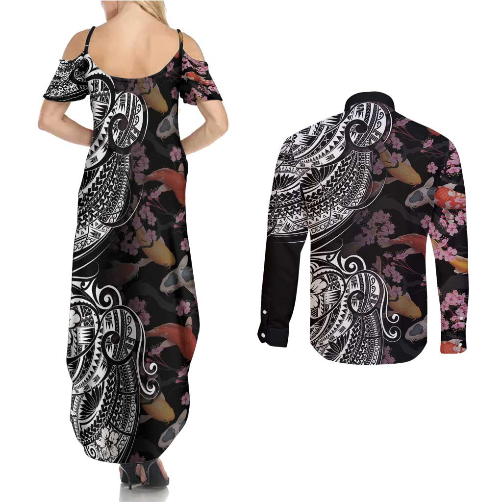Hawaiian and Japanese Together Couples Matching Summer Maxi Dress and Long Sleeve Button Shirt Polynesian Triball Tattoo Koi Carps and Sakura