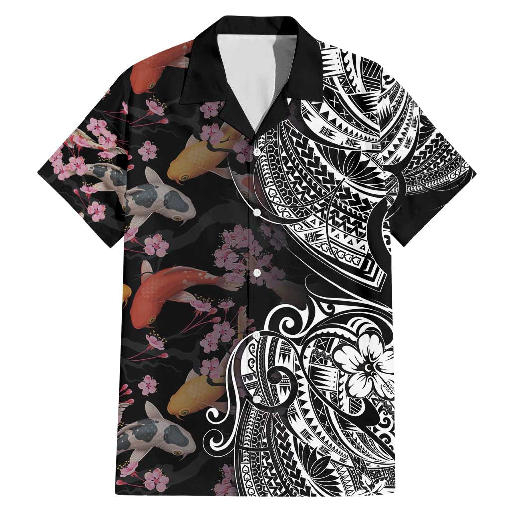 Hawaiian and Japanese Together Family Matching Mermaid Dress and Hawaiian Shirt Polynesian Triball Tattoo Koi Carps and Sakura LT03 Dad's Shirt - Short Sleeve Black - Polynesian Pride