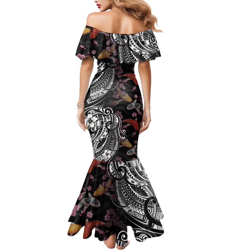 Hawaiian and Japanese Together Family Matching Mermaid Dress and Hawaiian Shirt Polynesian Triball Tattoo Koi Carps and Sakura LT03 - Polynesian Pride