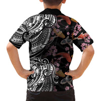 Hawaiian and Japanese Together Family Matching Off The Shoulder Long Sleeve Dress and Hawaiian Shirt Polynesian Triball Tattoo Koi Carps and Sakura