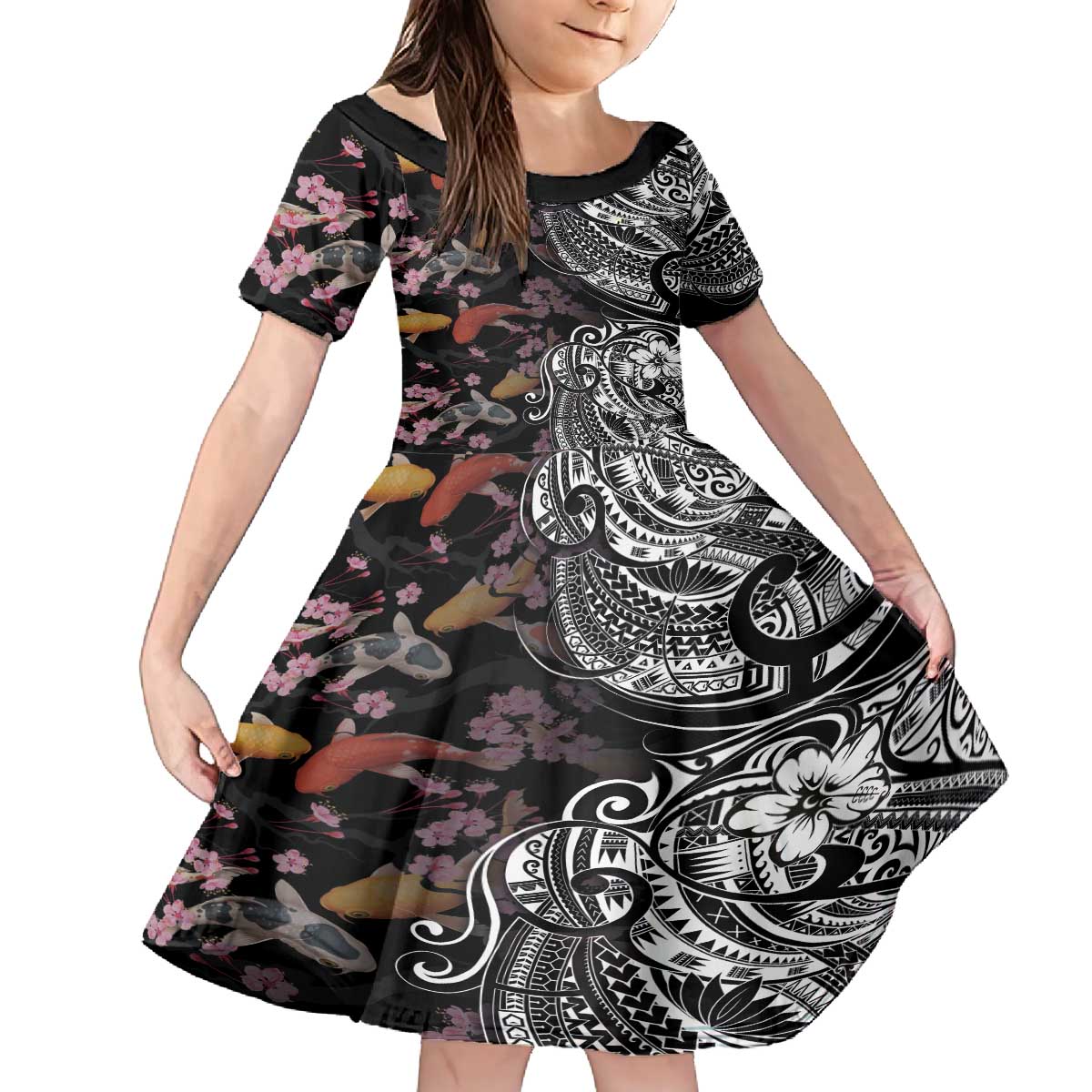 Hawaiian and Japanese Together Family Matching Off The Shoulder Long Sleeve Dress and Hawaiian Shirt Polynesian Triball Tattoo Koi Carps and Sakura