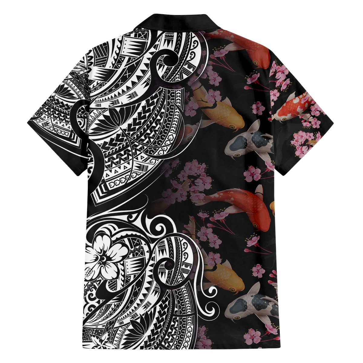Hawaiian and Japanese Together Family Matching Off The Shoulder Long Sleeve Dress and Hawaiian Shirt Polynesian Triball Tattoo Koi Carps and Sakura