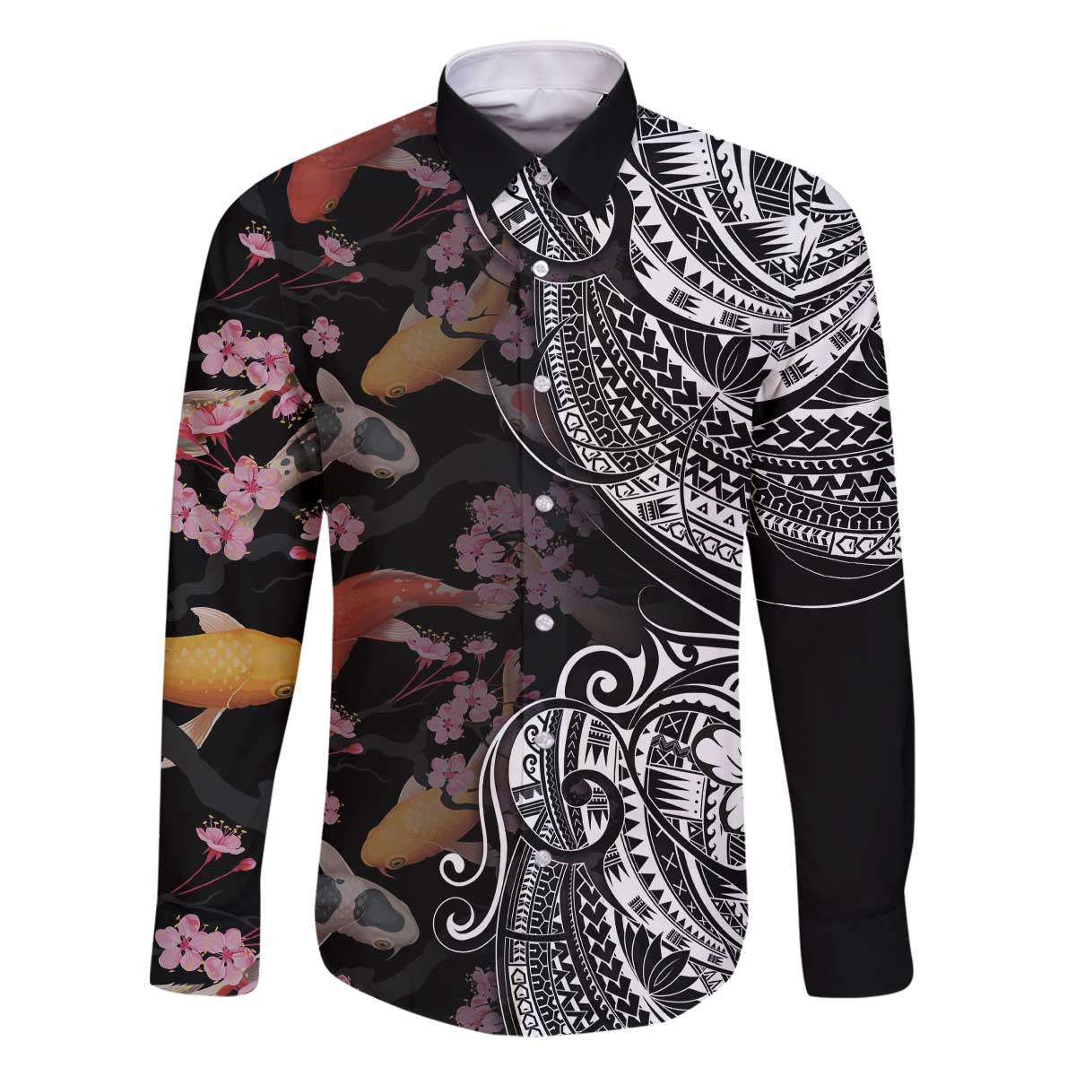 Hawaiian and Japanese Together Family Matching Off The Shoulder Long Sleeve Dress and Hawaiian Shirt Polynesian Triball Tattoo Koi Carps and Sakura