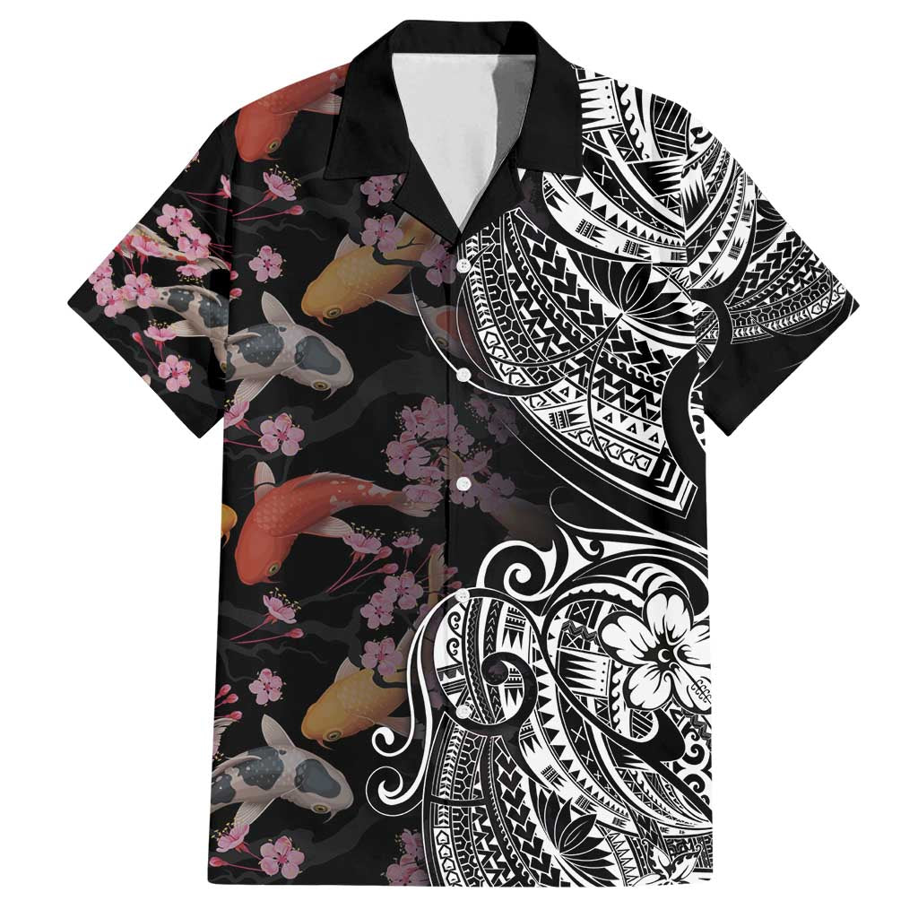 Hawaiian and Japanese Together Family Matching Off Shoulder Maxi Dress and Hawaiian Shirt Polynesian Triball Tattoo Koi Carps and Sakura LT03 Dad's Shirt - Short Sleeve Black - Polynesian Pride