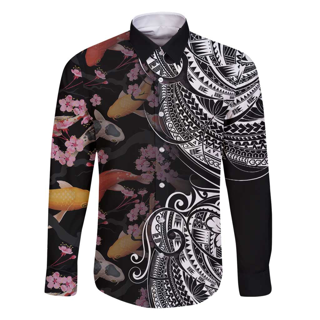 Hawaiian and Japanese Together Family Matching Off Shoulder Maxi Dress and Hawaiian Shirt Polynesian Triball Tattoo Koi Carps and Sakura LT03 Dad's Shirt - Long Sleeve Black - Polynesian Pride