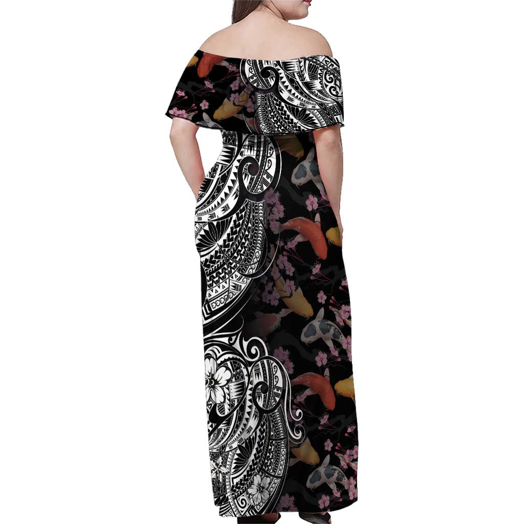 Hawaiian and Japanese Together Family Matching Off Shoulder Maxi Dress and Hawaiian Shirt Polynesian Triball Tattoo Koi Carps and Sakura LT03 - Polynesian Pride