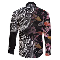 Hawaiian and Japanese Together Family Matching Off Shoulder Short Dress and Hawaiian Shirt Polynesian Triball Tattoo Koi Carps and Sakura