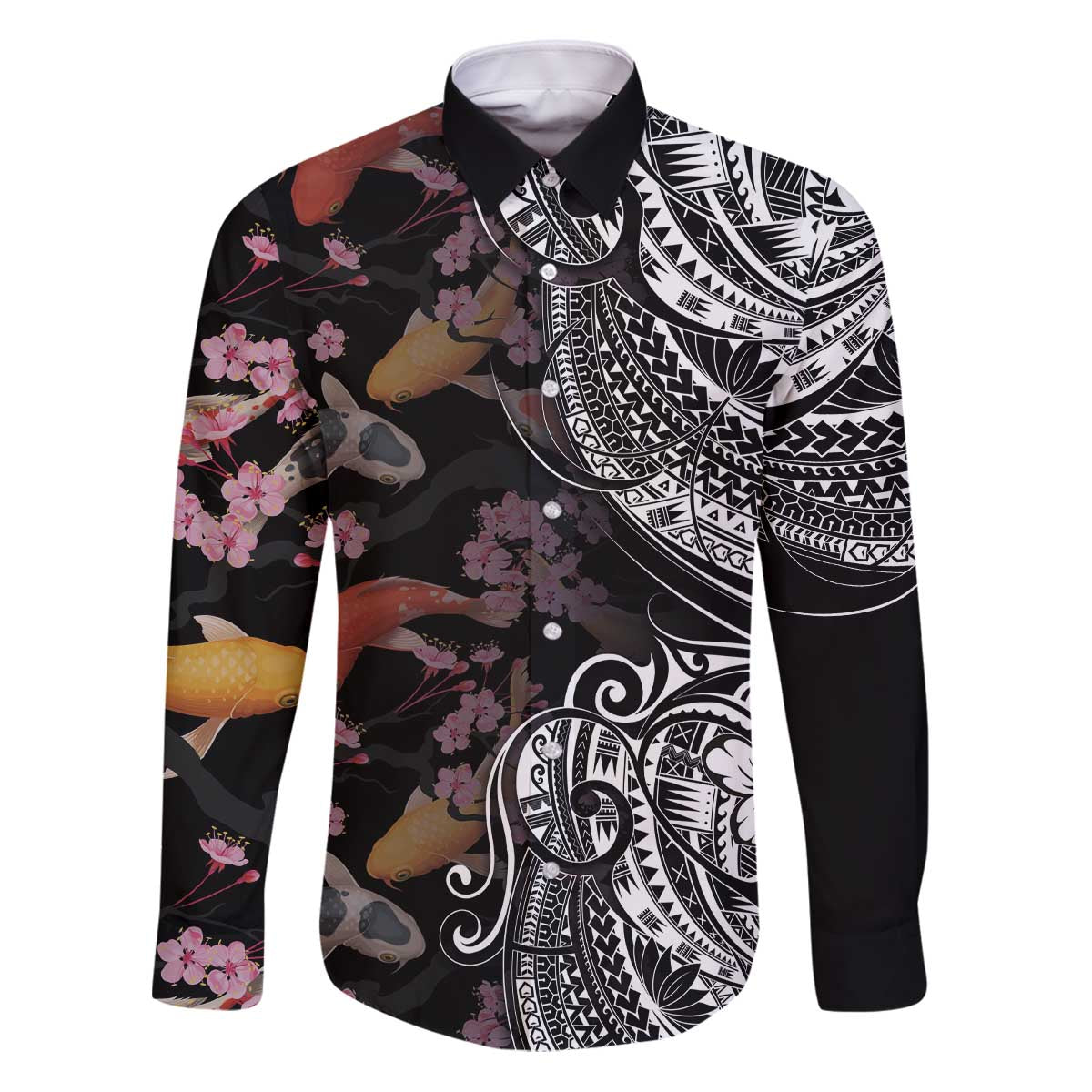 Hawaiian and Japanese Together Family Matching Puletasi and Hawaiian Shirt Polynesian Triball Tattoo Koi Carps and Sakura LT03 Dad's Shirt - Long Sleeve Black - Polynesian Pride