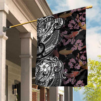 Hawaiian and Japanese Together Garden Flag Polynesian Triball Tattoo Koi Carps and Sakura LT03 House Flag Black - Polynesian Pride