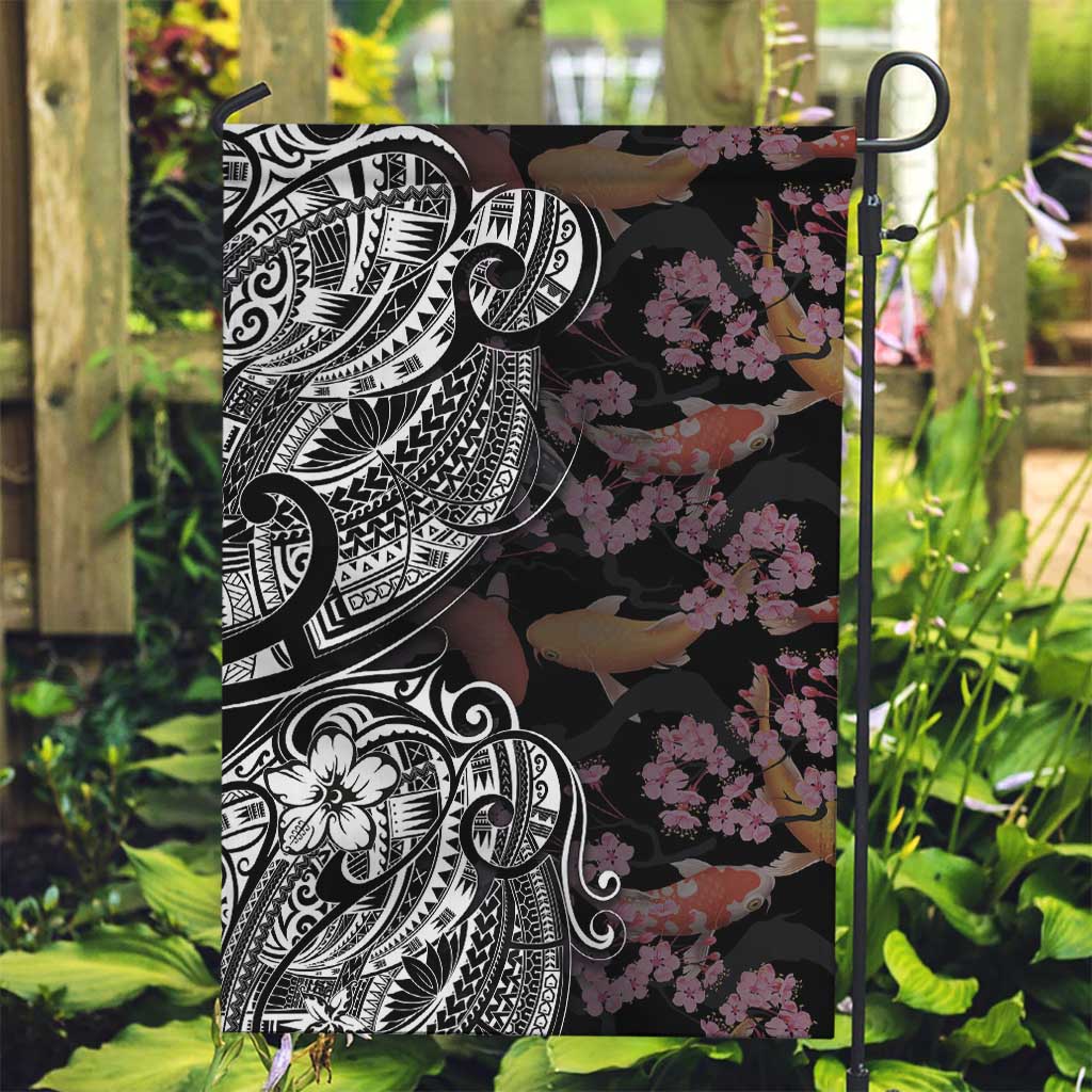 Hawaiian and Japanese Together Garden Flag Polynesian Triball Tattoo Koi Carps and Sakura LT03 Garden Flag Black - Polynesian Pride