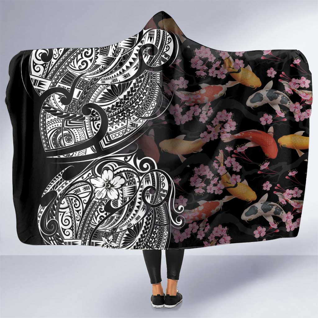 Hawaiian and Japanese Together Hooded Blanket Polynesian Triball Tattoo Koi Carps and Sakura LT03 One Size Black - Polynesian Pride