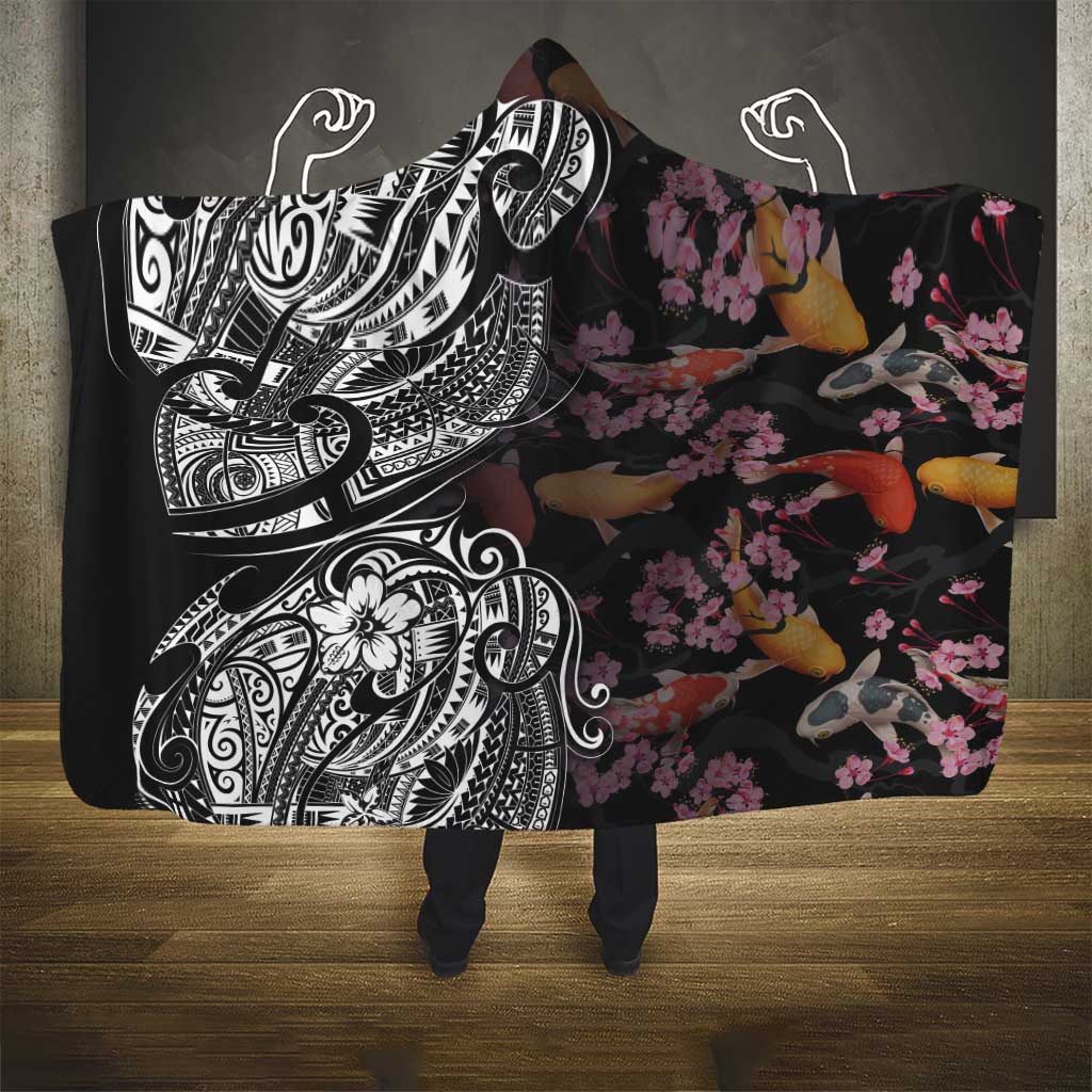 Hawaiian and Japanese Together Hooded Blanket Polynesian Triball Tattoo Koi Carps and Sakura LT03 - Polynesian Pride