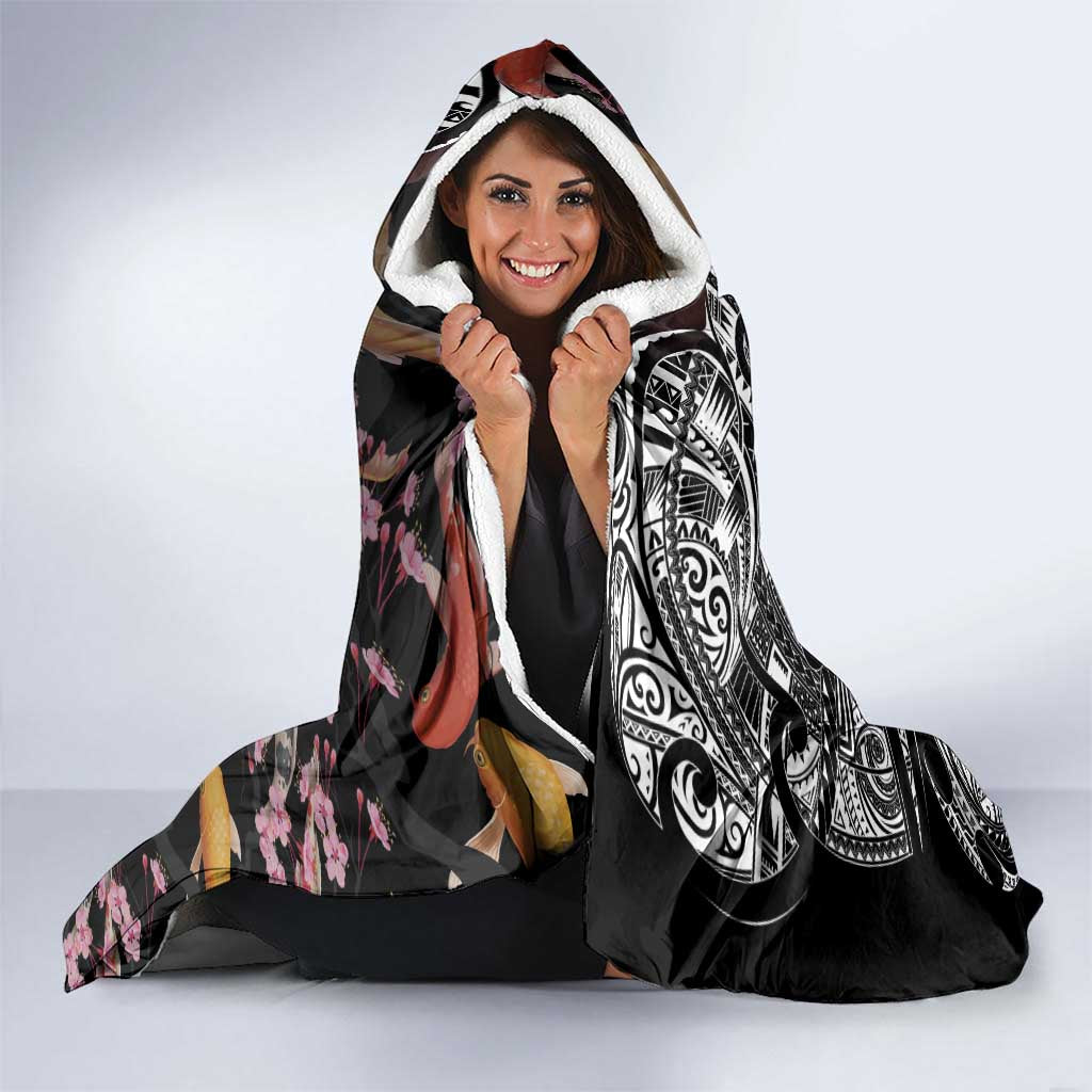 Hawaiian and Japanese Together Hooded Blanket Polynesian Triball Tattoo Koi Carps and Sakura LT03 - Polynesian Pride