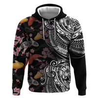 Hawaiian and Japanese Together Hoodie Polynesian Triball Tattoo Koi Carps and Sakura LT03 Pullover Hoodie Black - Polynesian Pride