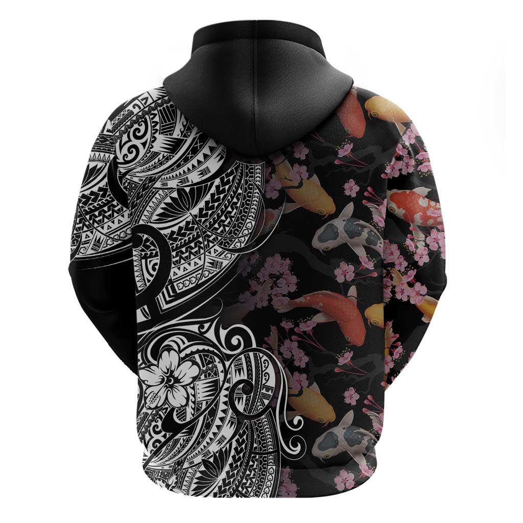 Hawaiian and Japanese Together Hoodie Polynesian Triball Tattoo Koi Carps and Sakura LT03 - Polynesian Pride