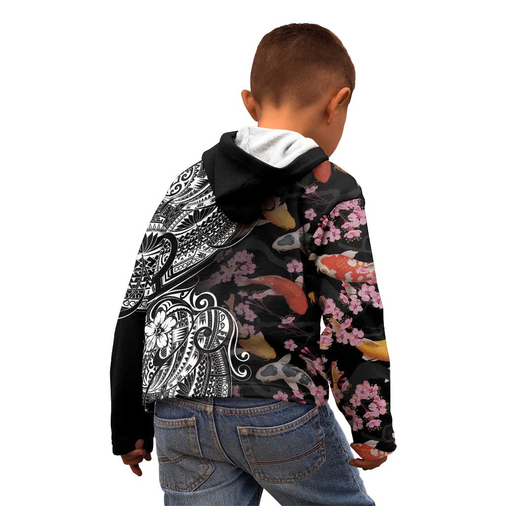 Hawaiian and Japanese Together Kid Hoodie Polynesian Triball Tattoo Koi Carps and Sakura LT03 - Polynesian Pride