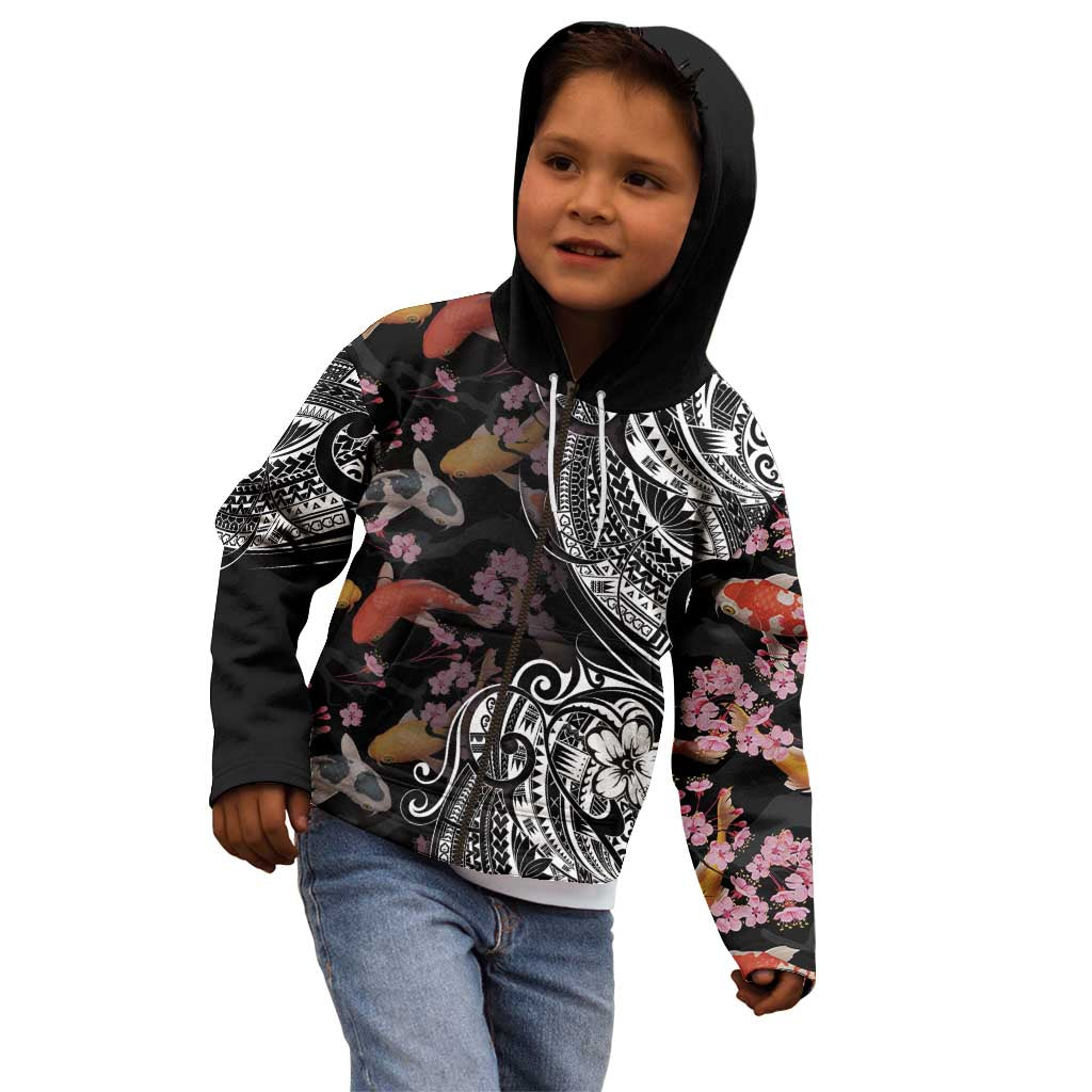 Hawaiian and Japanese Together Kid Hoodie Polynesian Triball Tattoo Koi Carps and Sakura LT03 - Polynesian Pride
