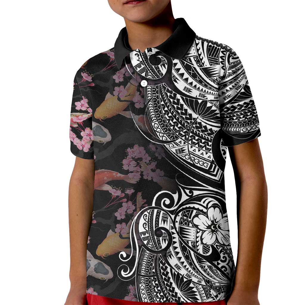 Hawaiian and Japanese Together Kid Polo Shirt Polynesian Triball Tattoo Koi Carps and Sakura LT03 Kid Black - Polynesian Pride
