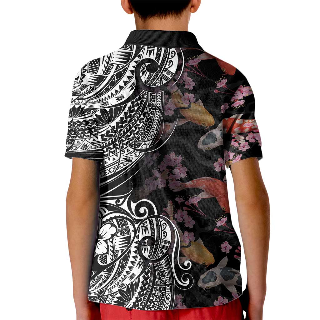Hawaiian and Japanese Together Kid Polo Shirt Polynesian Triball Tattoo Koi Carps and Sakura LT03 - Polynesian Pride