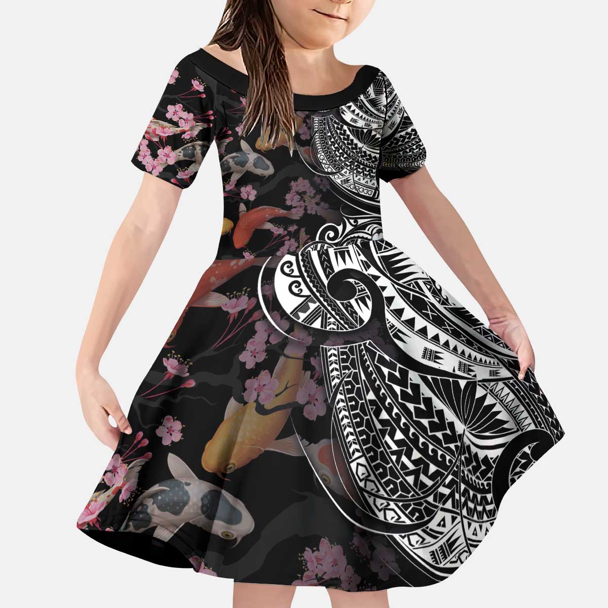 Hawaiian and Japanese Together Kid Short Sleeve Dress Polynesian Triball Tattoo Koi Carps and Sakura LT03 KID Black - Polynesian Pride