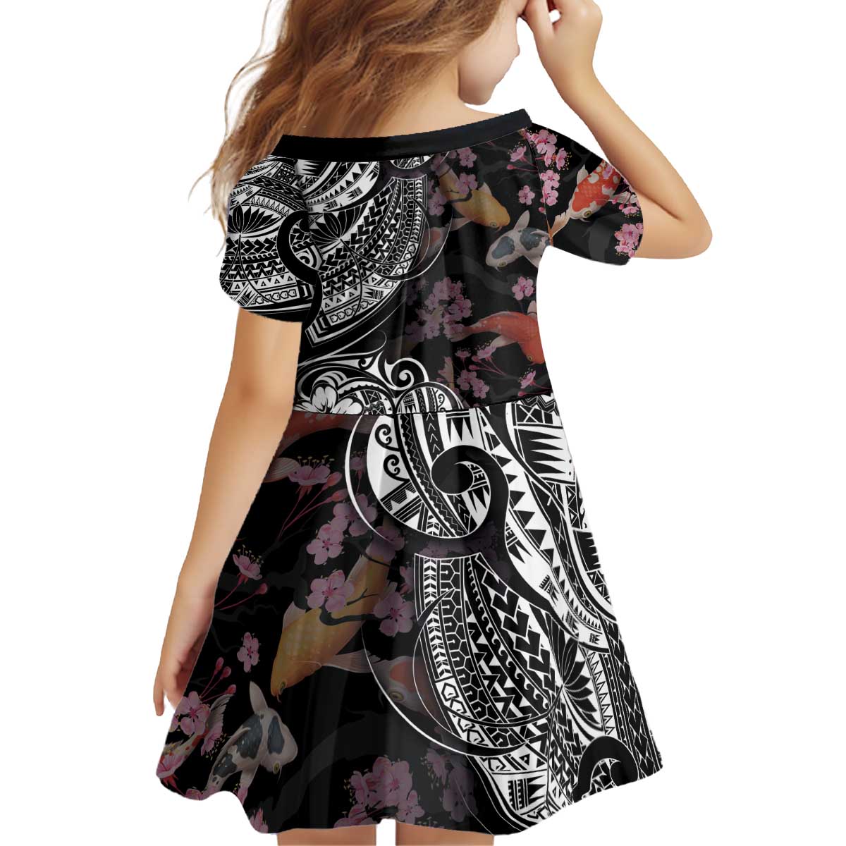 Hawaiian and Japanese Together Kid Short Sleeve Dress Polynesian Triball Tattoo Koi Carps and Sakura LT03 - Polynesian Pride