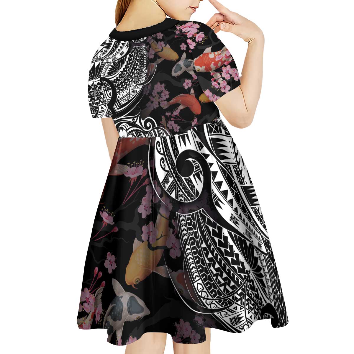 Hawaiian and Japanese Together Kid Short Sleeve Dress Polynesian Triball Tattoo Koi Carps and Sakura LT03 - Polynesian Pride