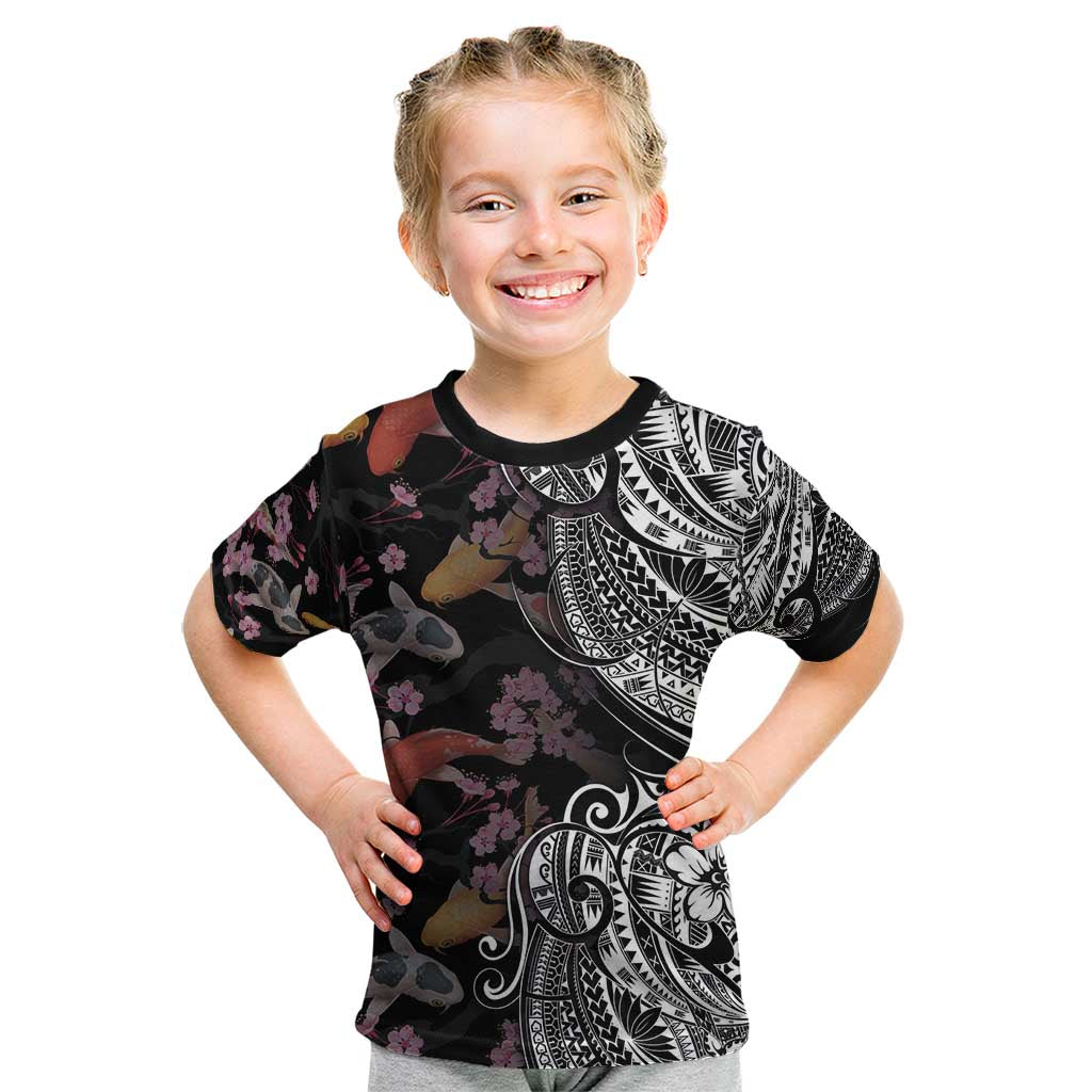 Hawaiian and Japanese Together Kid T Shirt Polynesian Triball Tattoo Koi Carps and Sakura LT03 Black - Polynesian Pride
