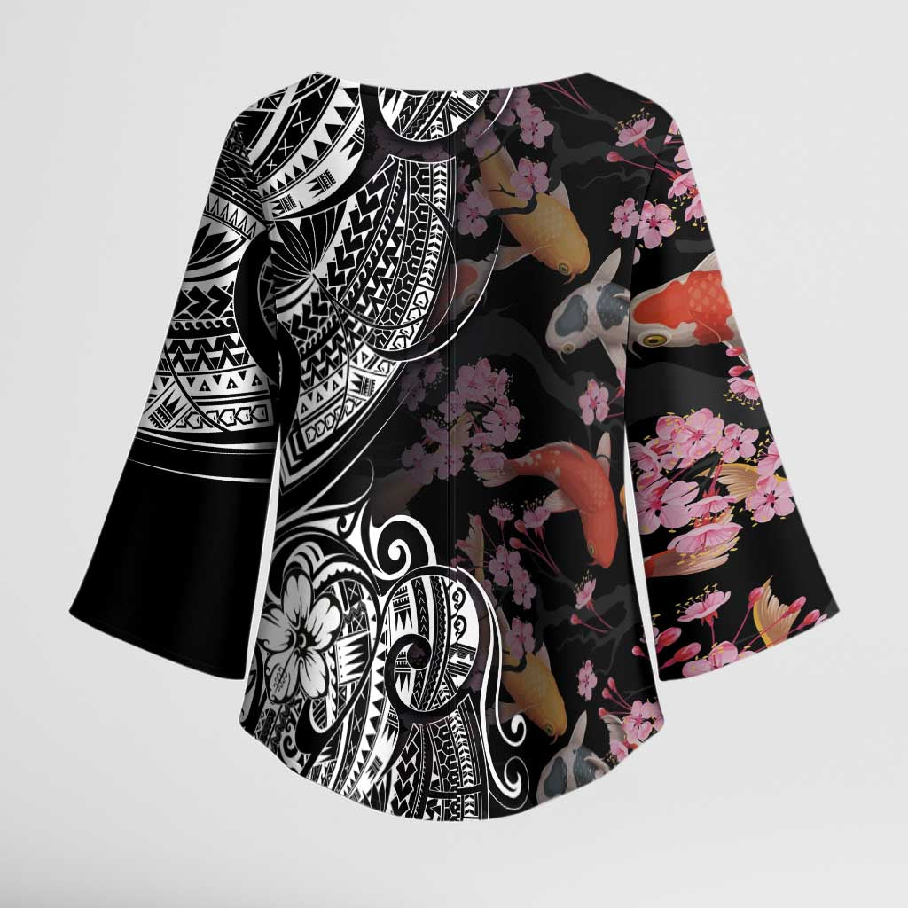 Hawaiian and Japanese Together Kimono Sleeve Blouse Polynesian Triball Tattoo Koi Carps and Sakura LT03 - Polynesian Pride