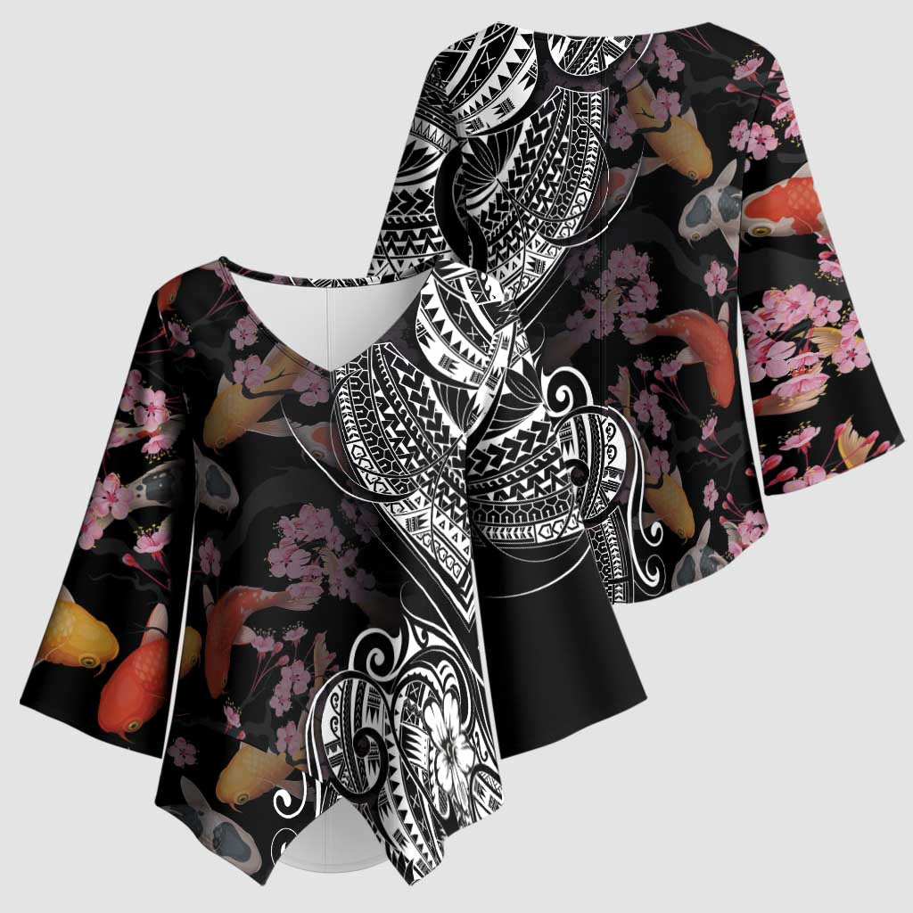 Hawaiian and Japanese Together Kimono Sleeve Blouse Polynesian Triball Tattoo Koi Carps and Sakura LT03 - Polynesian Pride