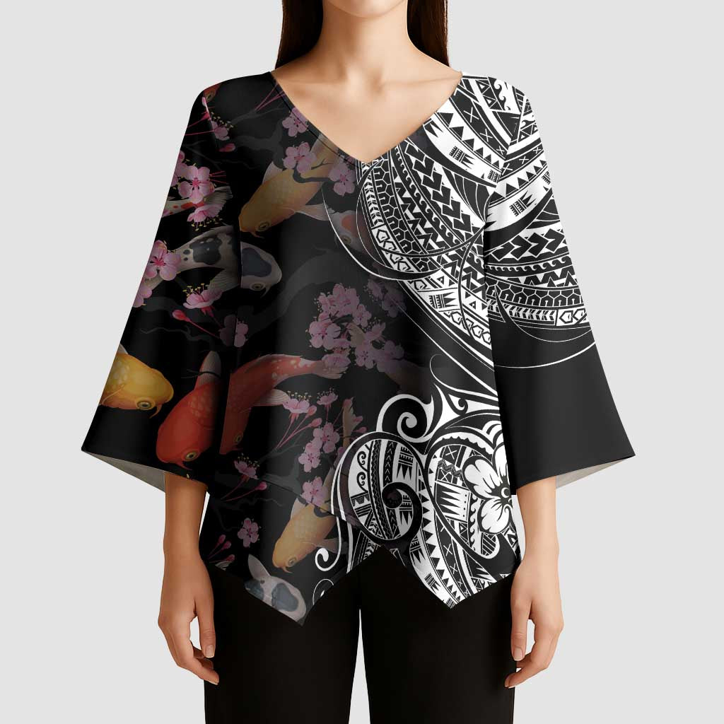 Hawaiian and Japanese Together Kimono Sleeve Blouse Polynesian Triball Tattoo Koi Carps and Sakura LT03 - Polynesian Pride